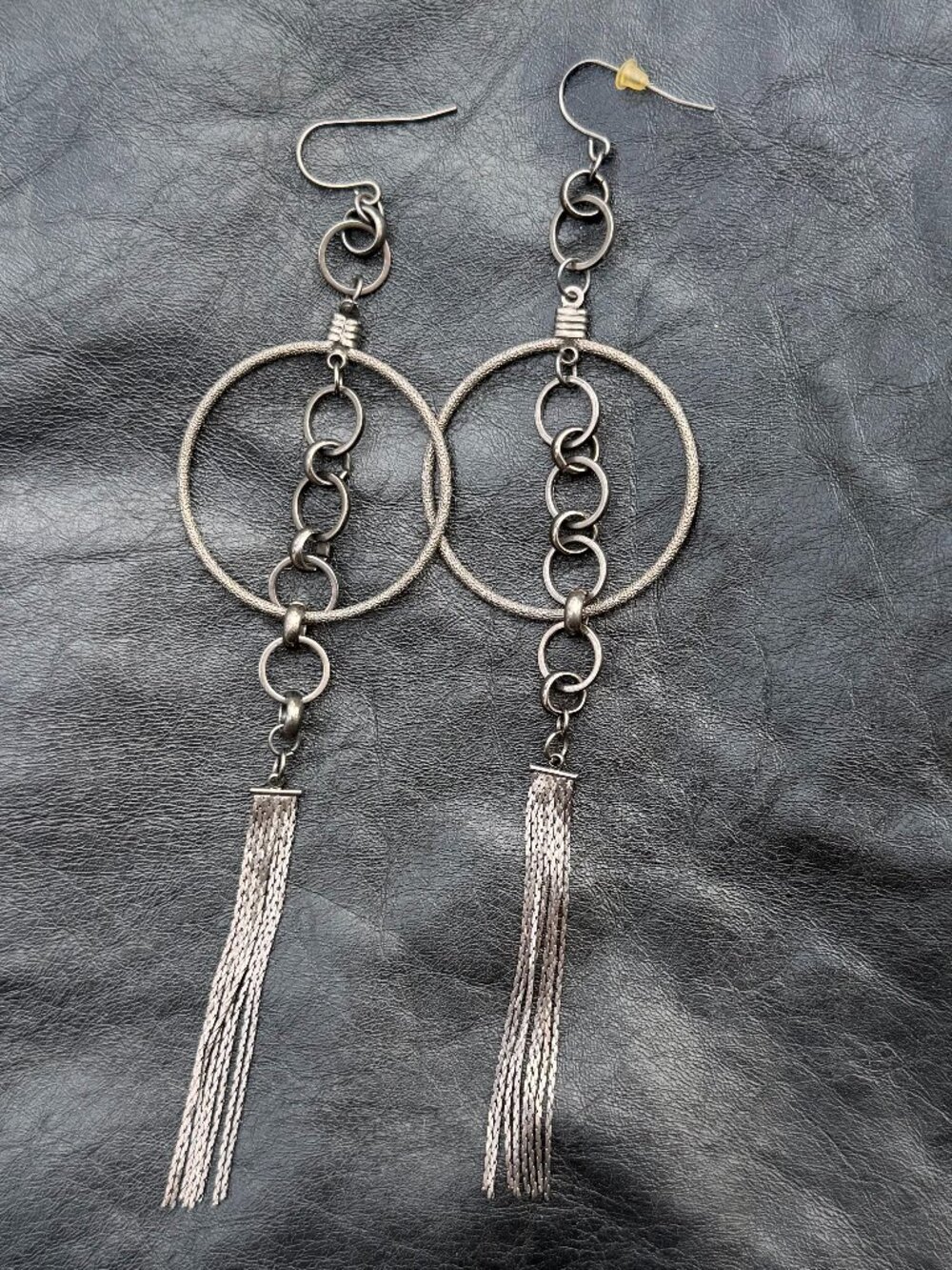 Gunmetal dark grey / black shimmery metal dangling earrings with metal fringe